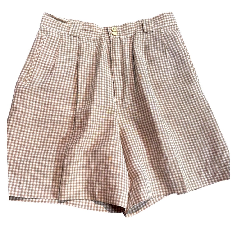 Collectible Gold Giorgio Sant'Angelo Gingham Linen Shorts Tan White Vintage 12